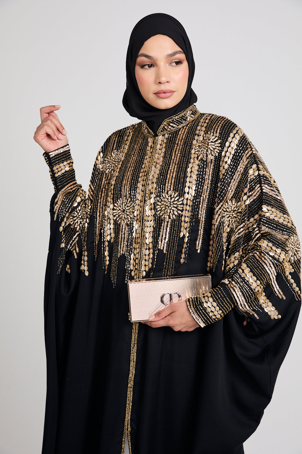 Luxury Cosmic Blossom Embellished Open Abaya with Front Zip - Gold