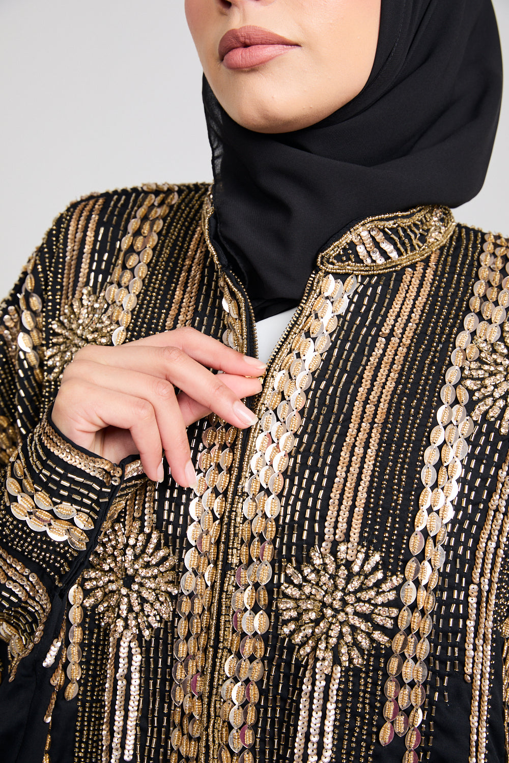 Luxury Cosmic Blossom Embellished Open Abaya with Front Zip - Gold