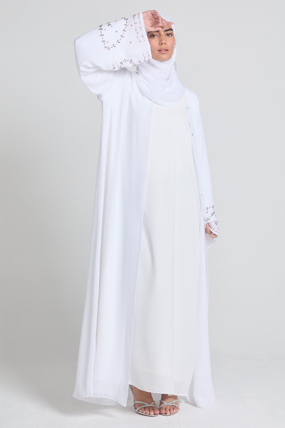 Premium Chiffon White Embellished Cuff Open Abaya -Almaaml