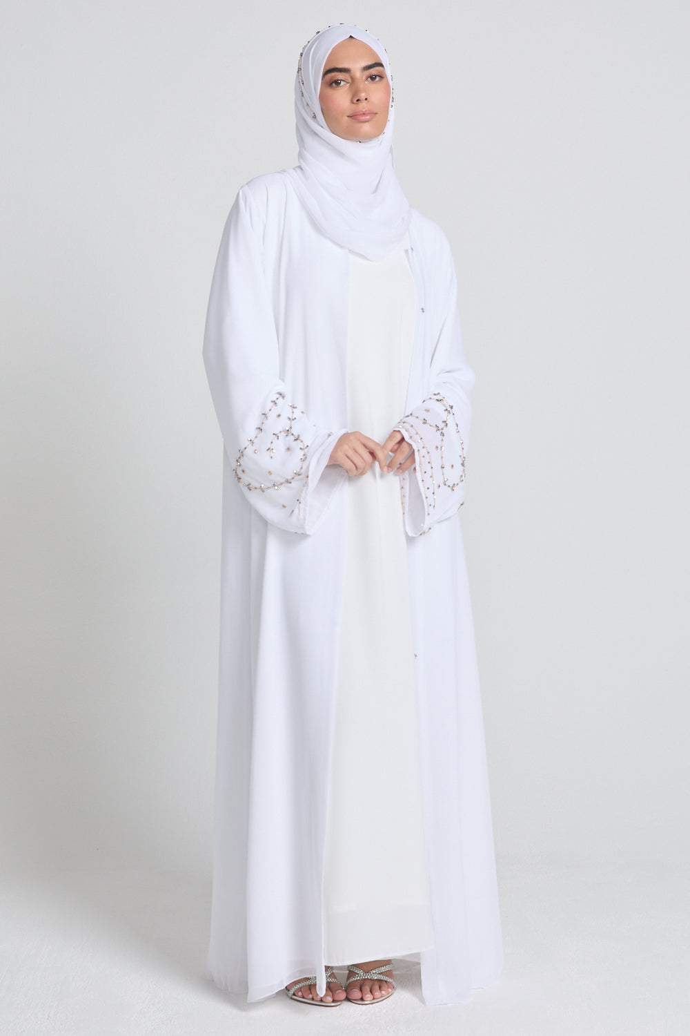 Premium Chiffon White Embellished Cuff Open Abaya -Almaaml
