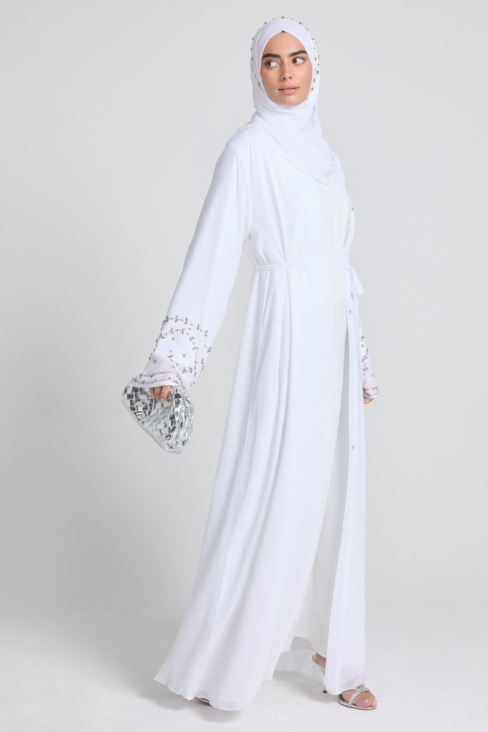 Premium Chiffon White Embellished Cuff Open Abaya -Almaaml
