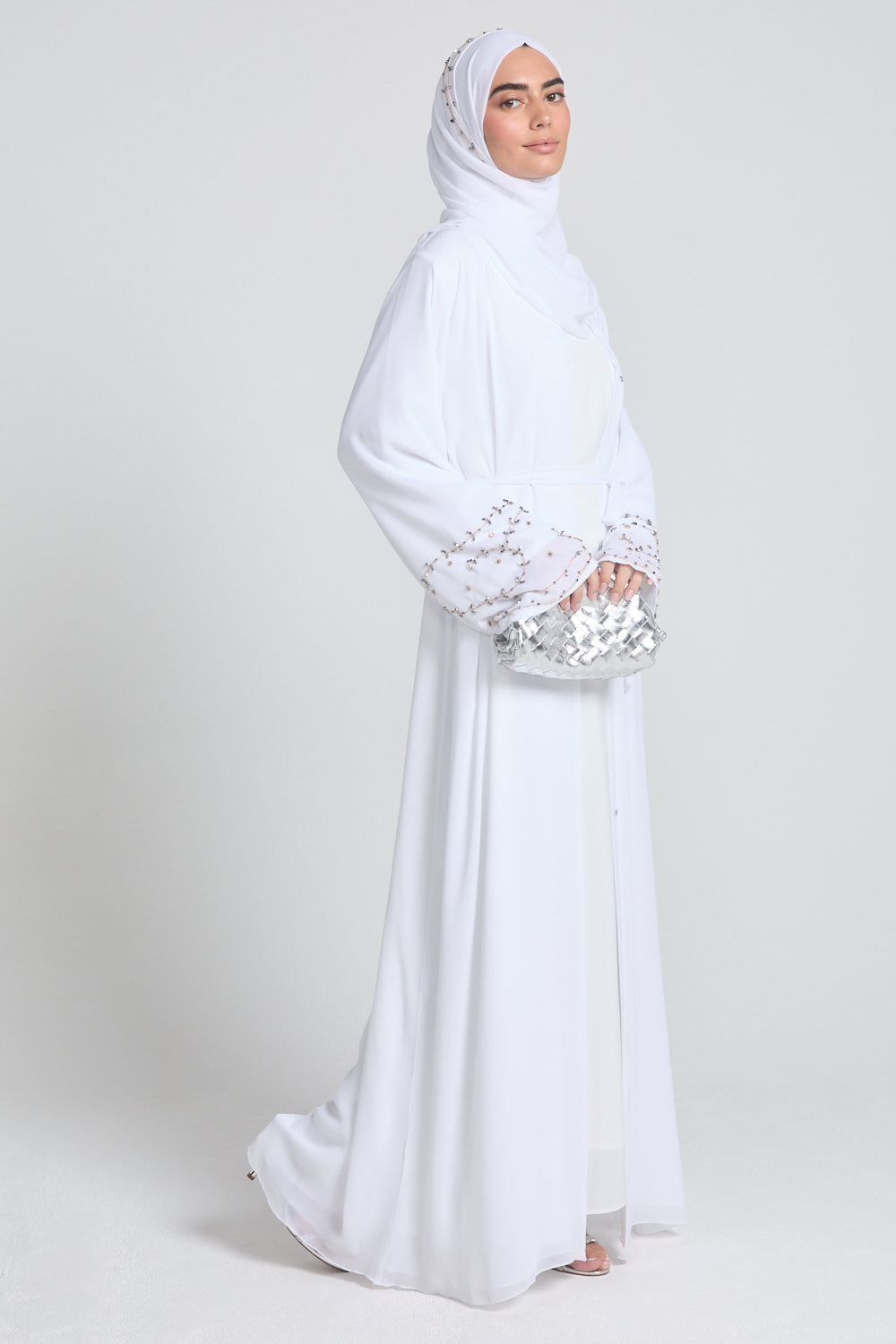 Premium Chiffon White Embellished Cuff Open Abaya -Almaaml