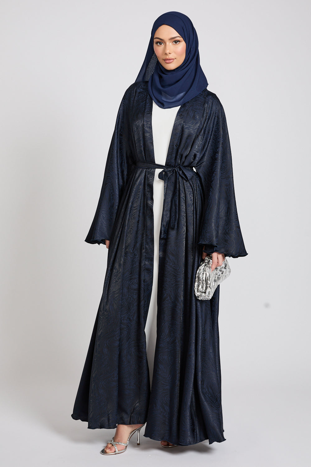 Jacquard Umbrella Cut Open Abaya with Flared Sleeves - Navy