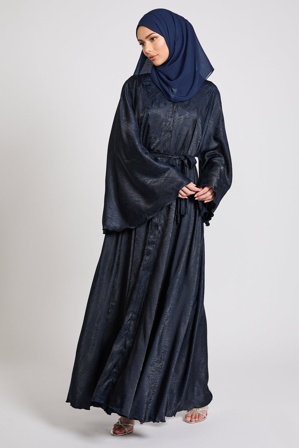 Jacquard Umbrella Cut Open Abaya with Flared Sleeves - Navy