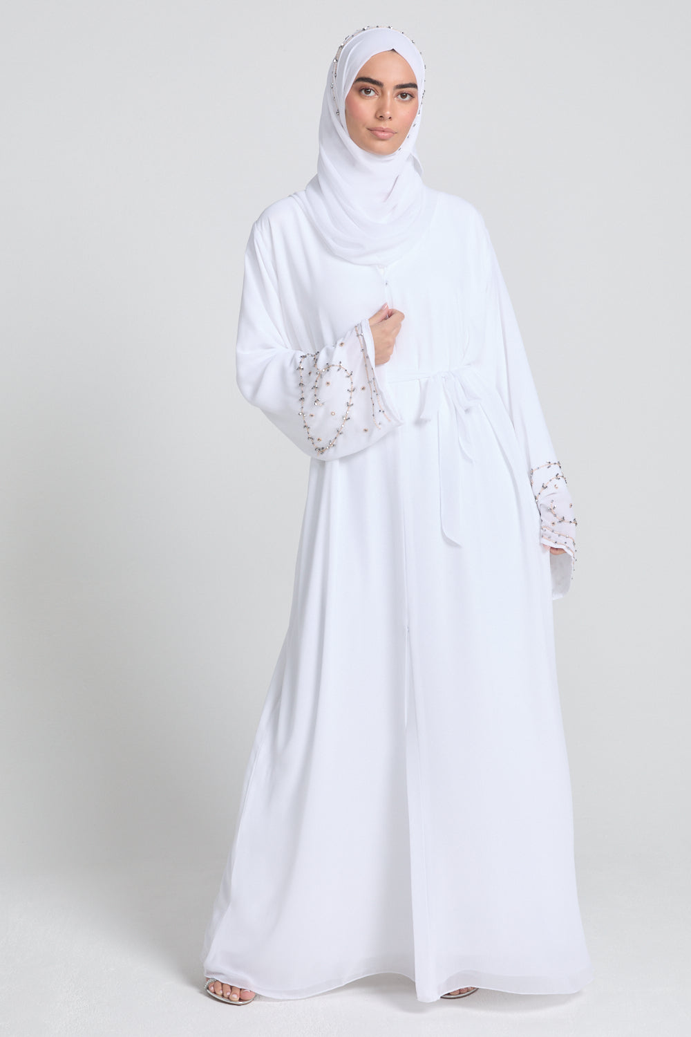 Premium Chiffon White Embellished Cuff Open Abaya -Almaaml