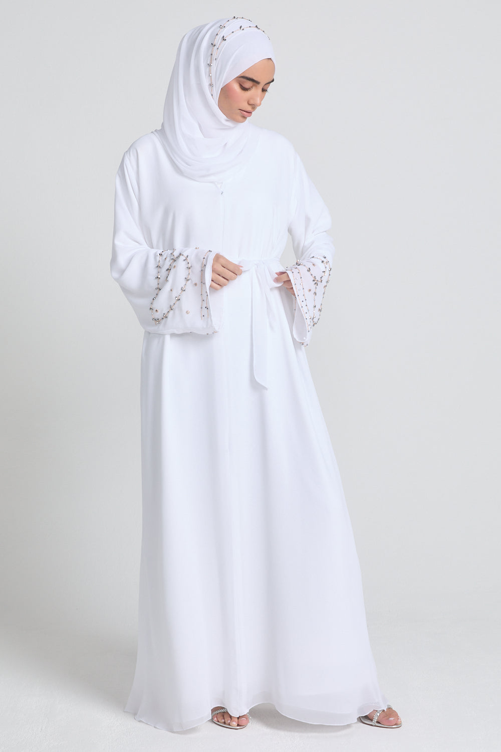 Premium Chiffon White Embellished Cuff Open Abaya -Almaaml