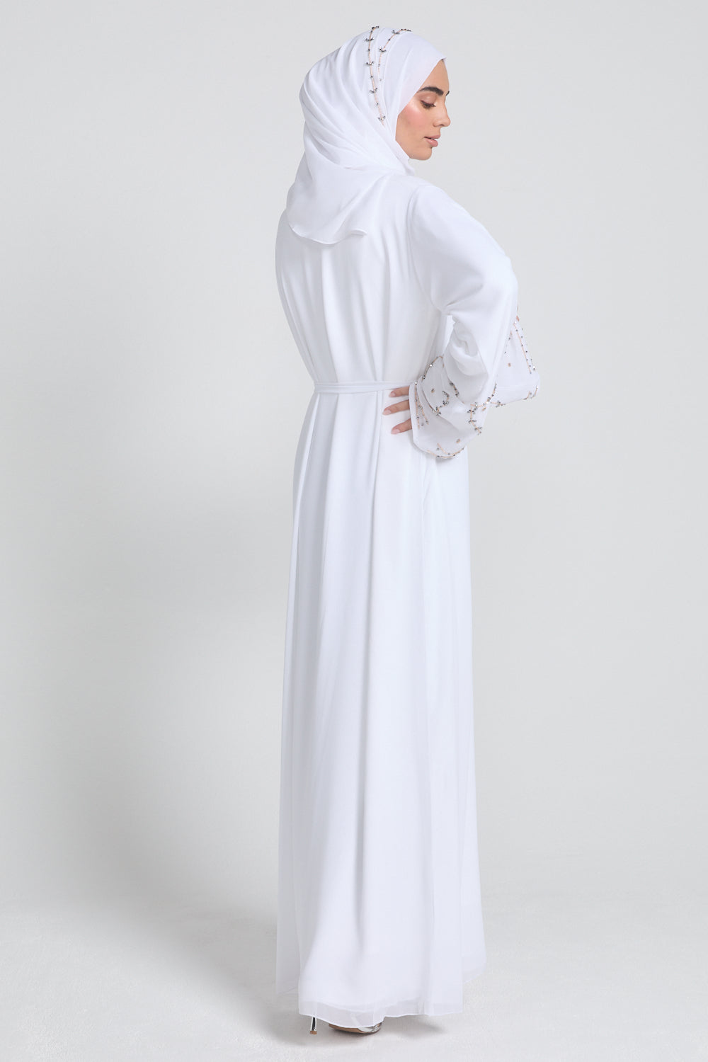 Premium Chiffon White Embellished Cuff Open Abaya -Almaaml