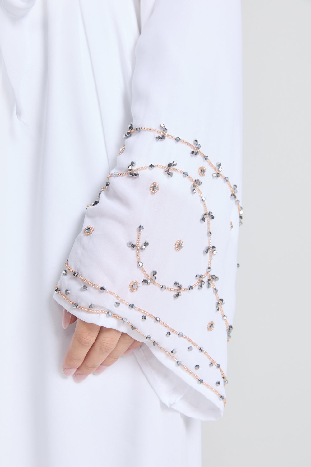 Premium Chiffon White Embellished Cuff Open Abaya -Almaaml