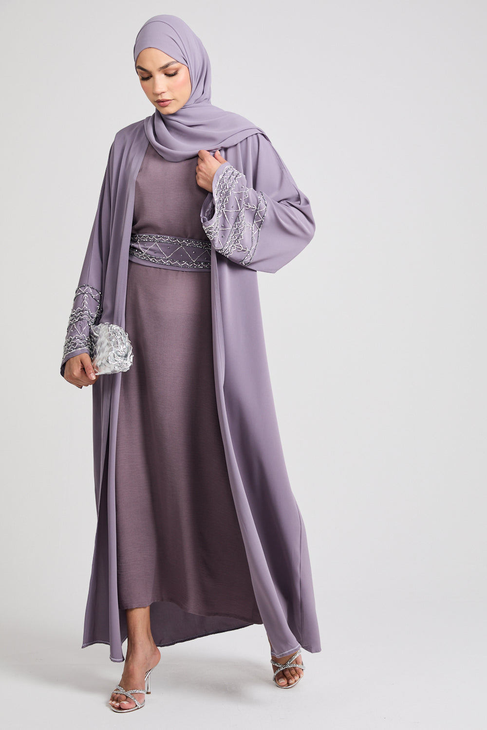 Four Piece Embellished Cuff Open Abaya Set - Lavender Aura