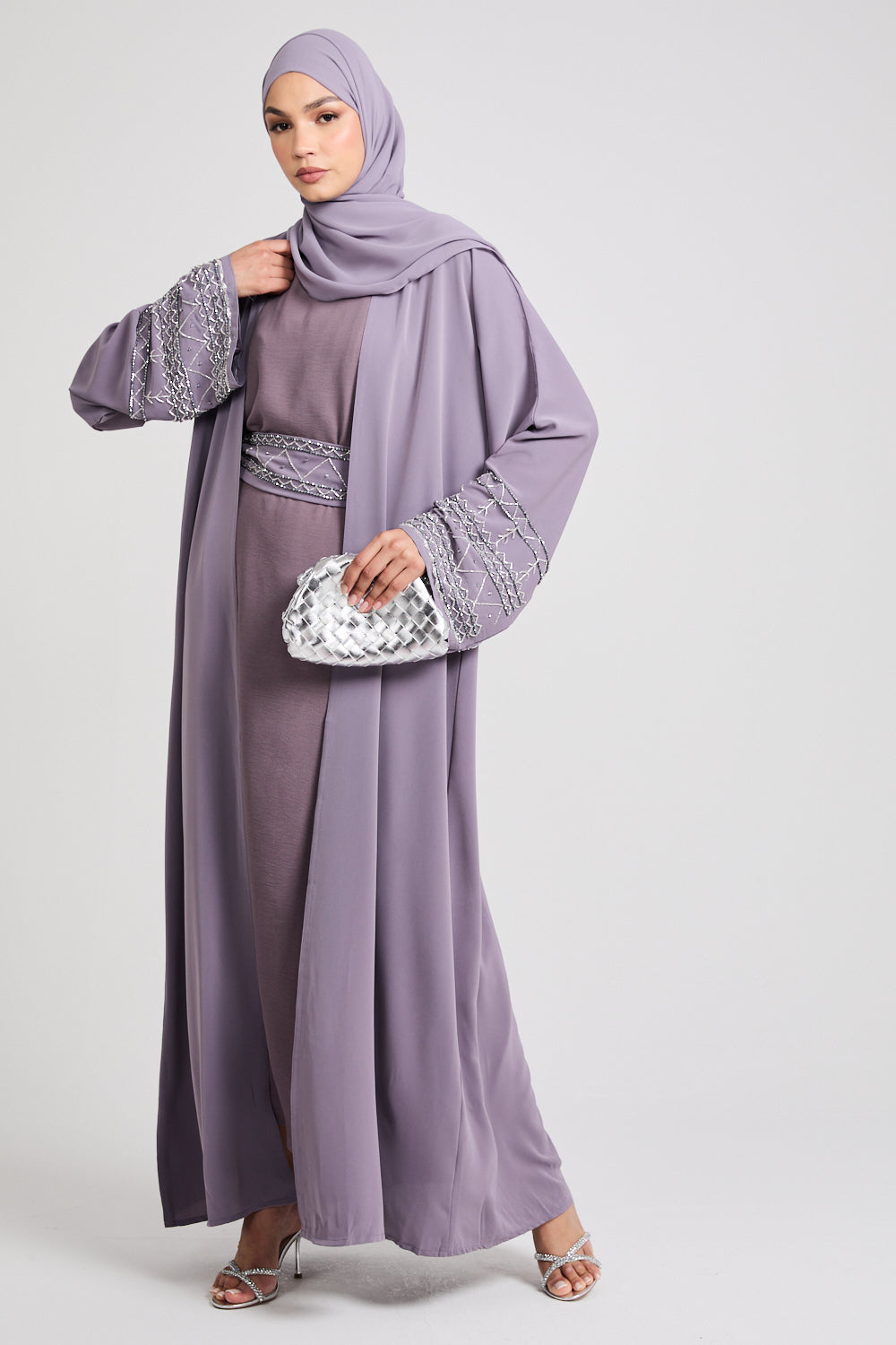 Four Piece Embellished Cuff Open Abaya Set - Lavender Aura