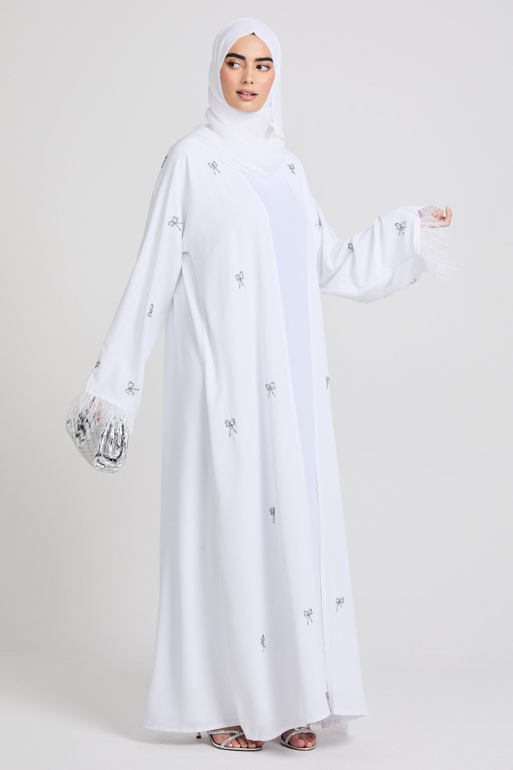 Four Piece Bows of Moonlight with Feathered Cuffs Open Abaya Set - White