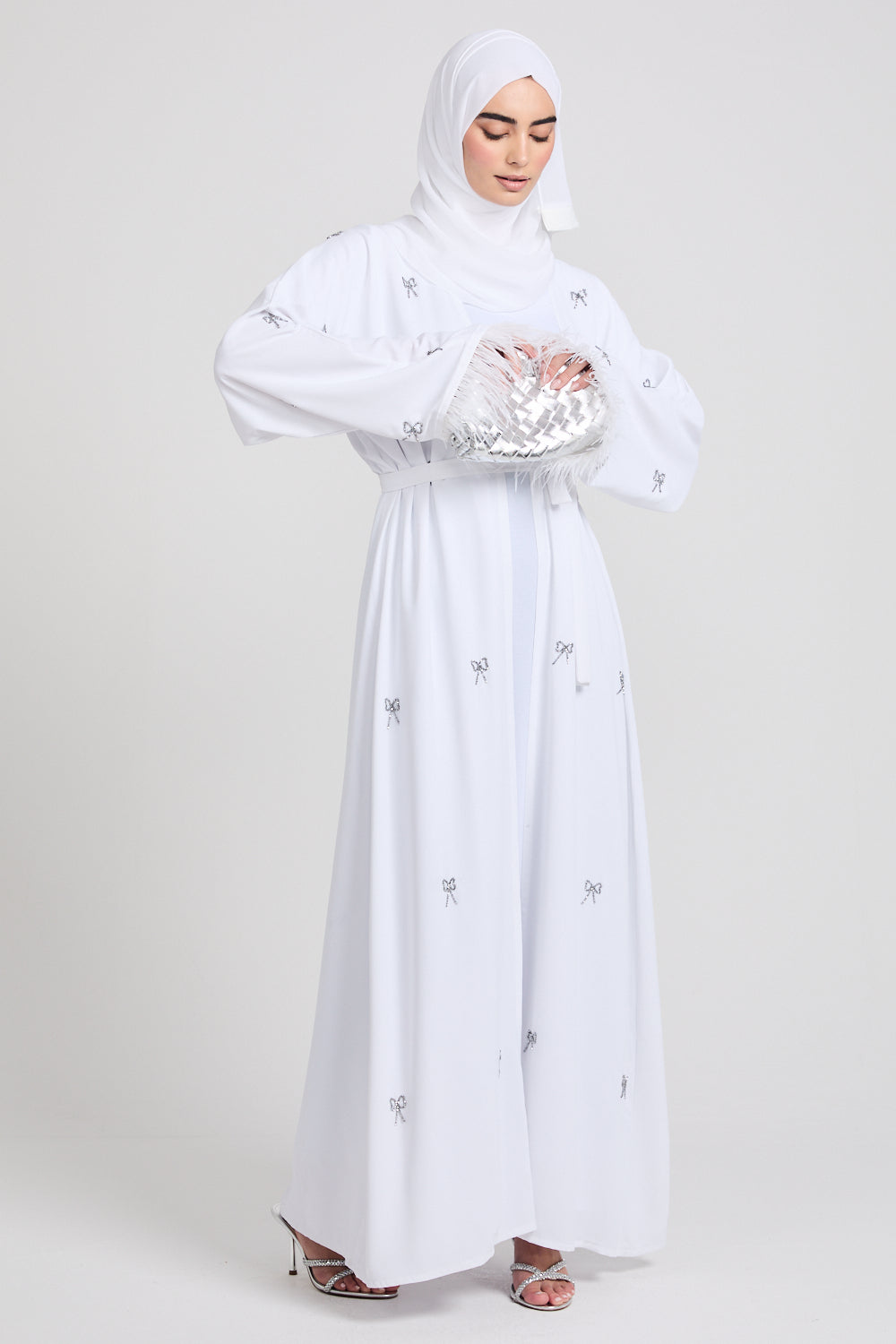 Four Piece Bows of Moonlight with Feathered Cuffs Open Abaya Set - White