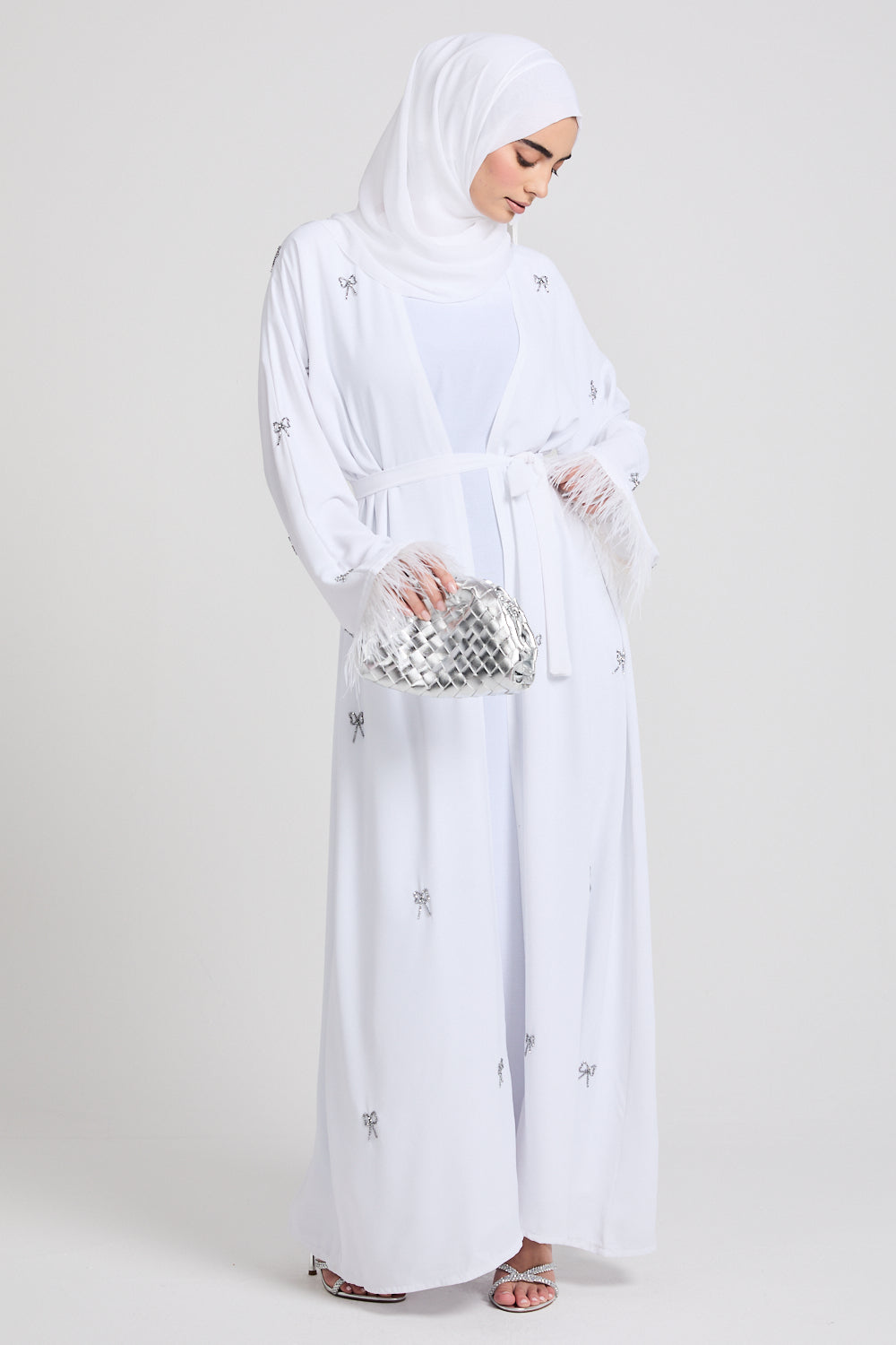Four Piece Bows of Moonlight with Feathered Cuffs Open Abaya Set - White