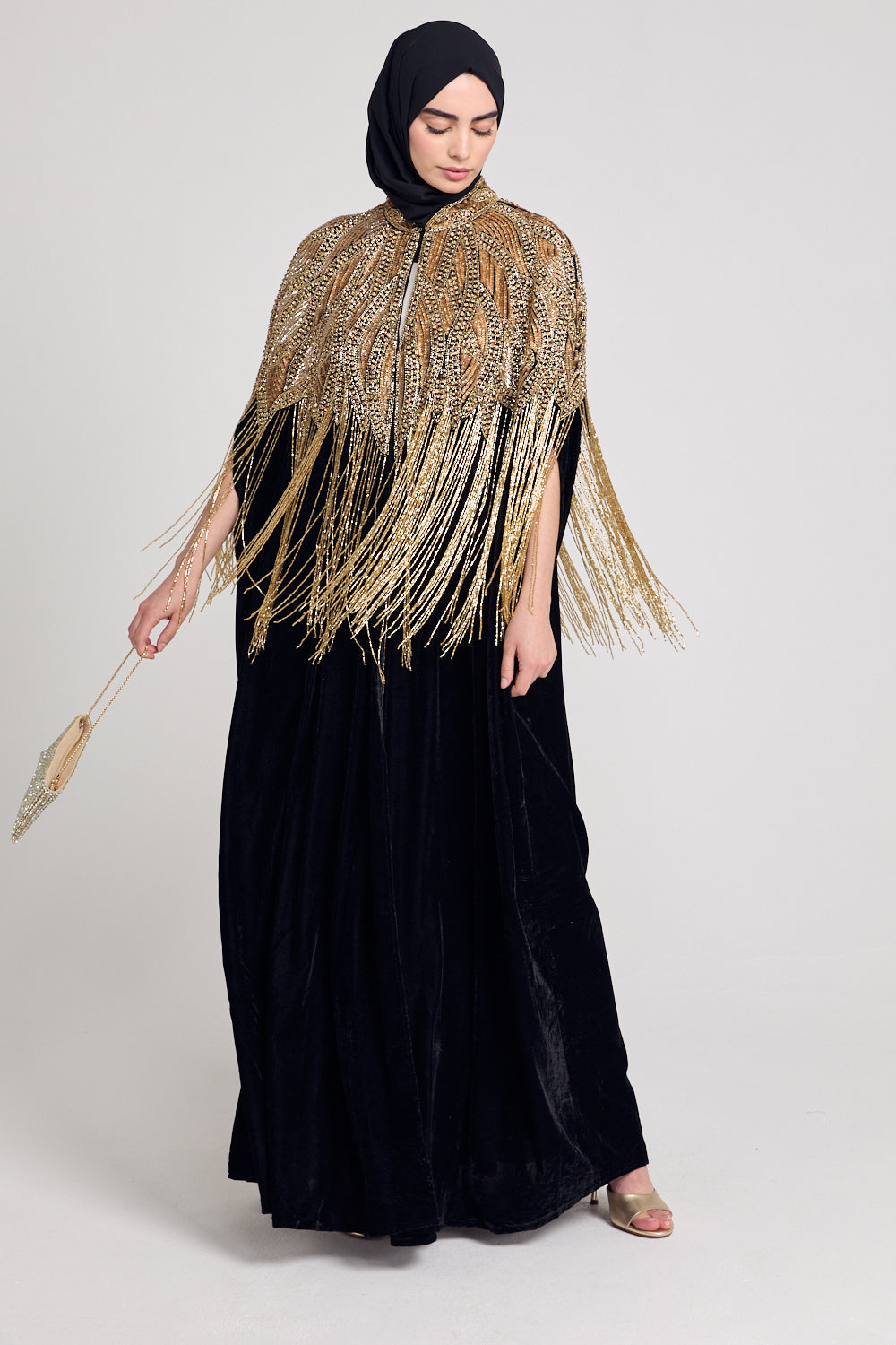 Luxury Black Velvet Embellished Tassel Cape - Gold