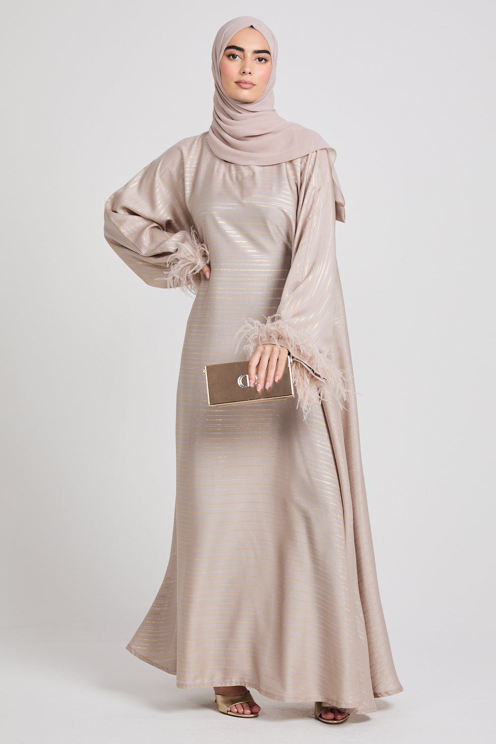 Empress Feathered Cuff Closed Abaya with Inner Belt - Moonstone - LIMITED EDITION