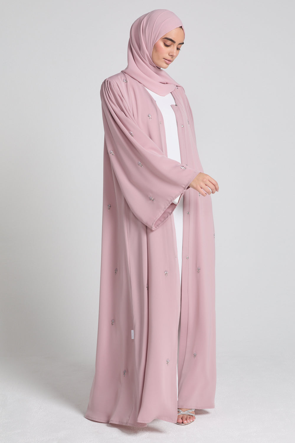 Luxury Embellished Open Abaya with Pleated Cuffs -Blush