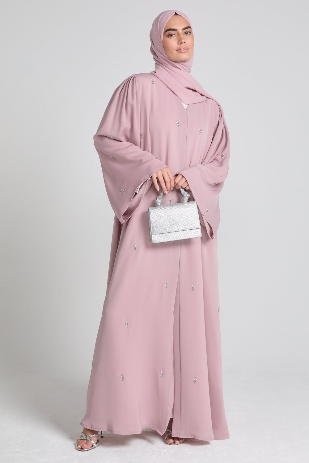 Luxury Embellished Open Abaya with Pleated Cuffs -Blush