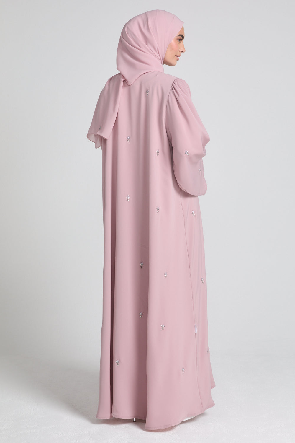Luxury Embellished Open Abaya with Pleated Cuffs -Blush