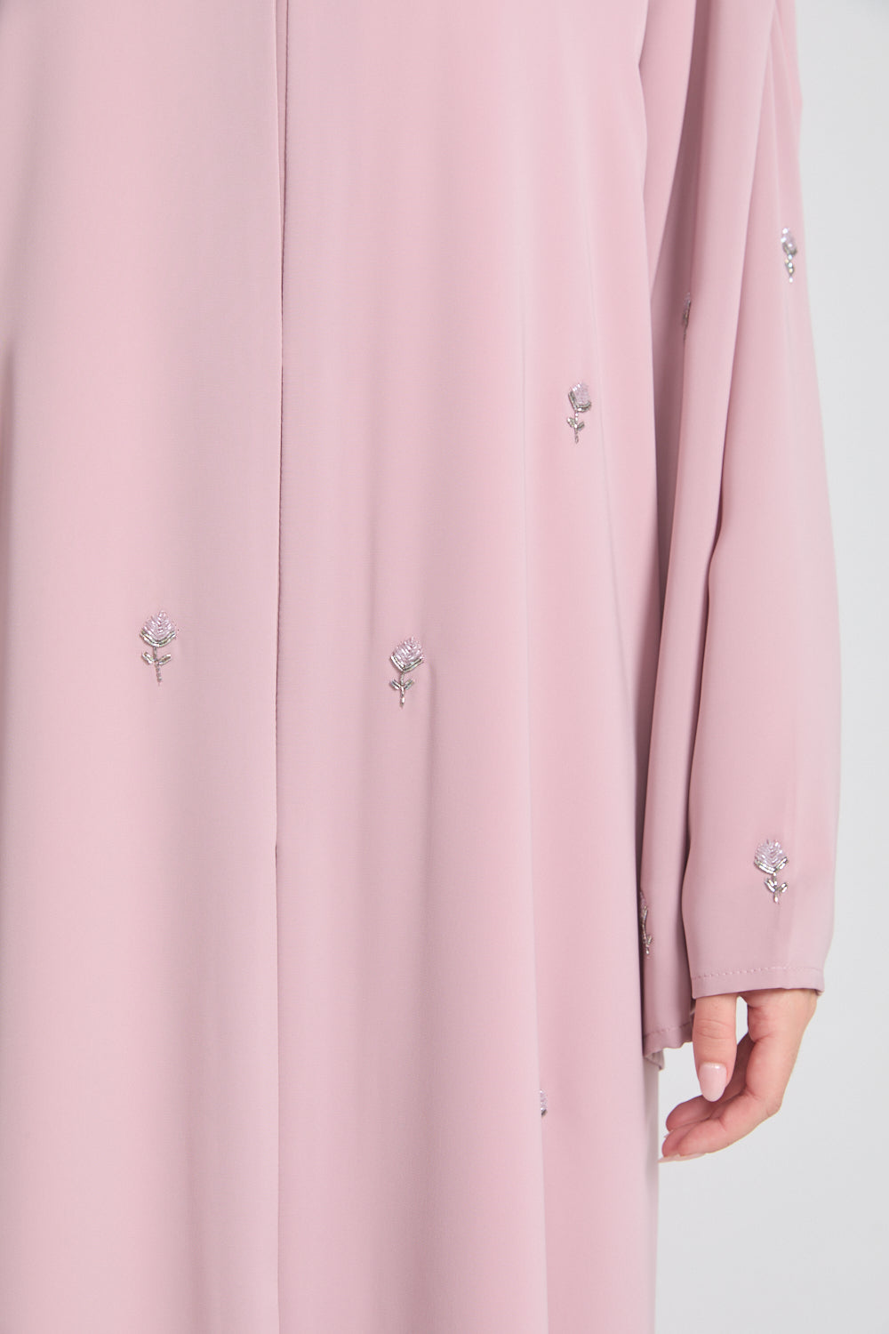 Luxury Embellished Open Abaya with Pleated Cuffs -Blush