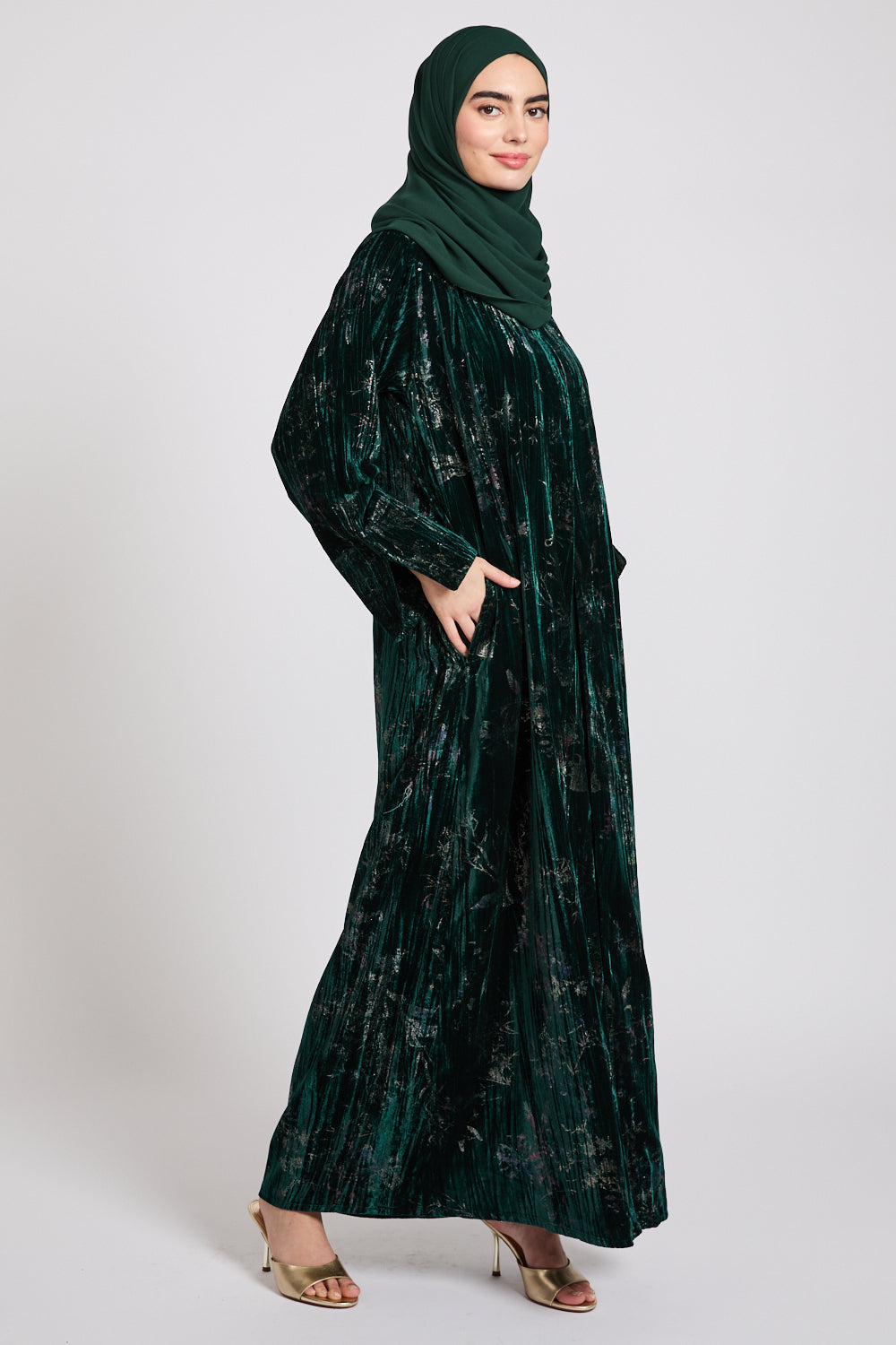 Luxury Velvet Floral Stardust Open Abaya with Pockets - Twilight Emerald