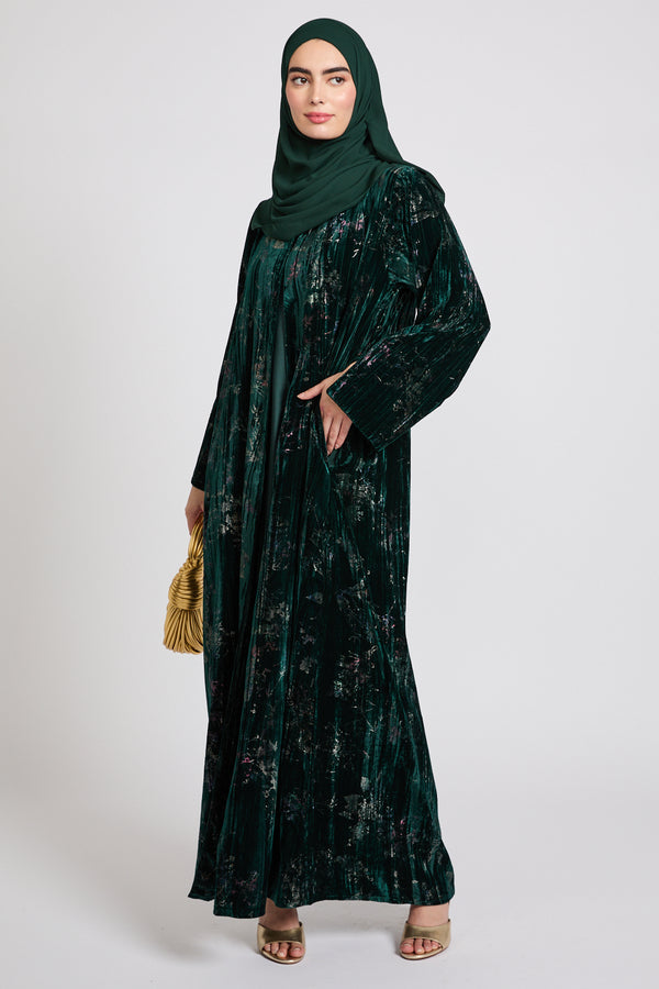 Luxury Velvet Floral Stardust Open Abaya with Pockets - Twilight Emerald