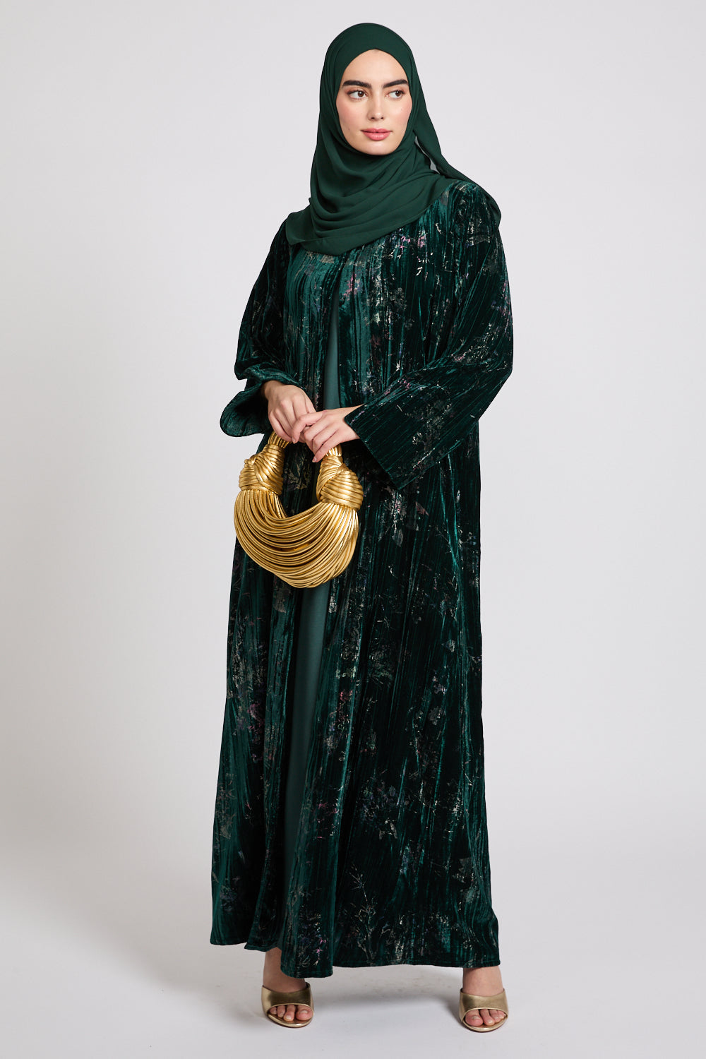 Luxury Velvet Floral Stardust Open Abaya with Pockets - Twilight Emerald