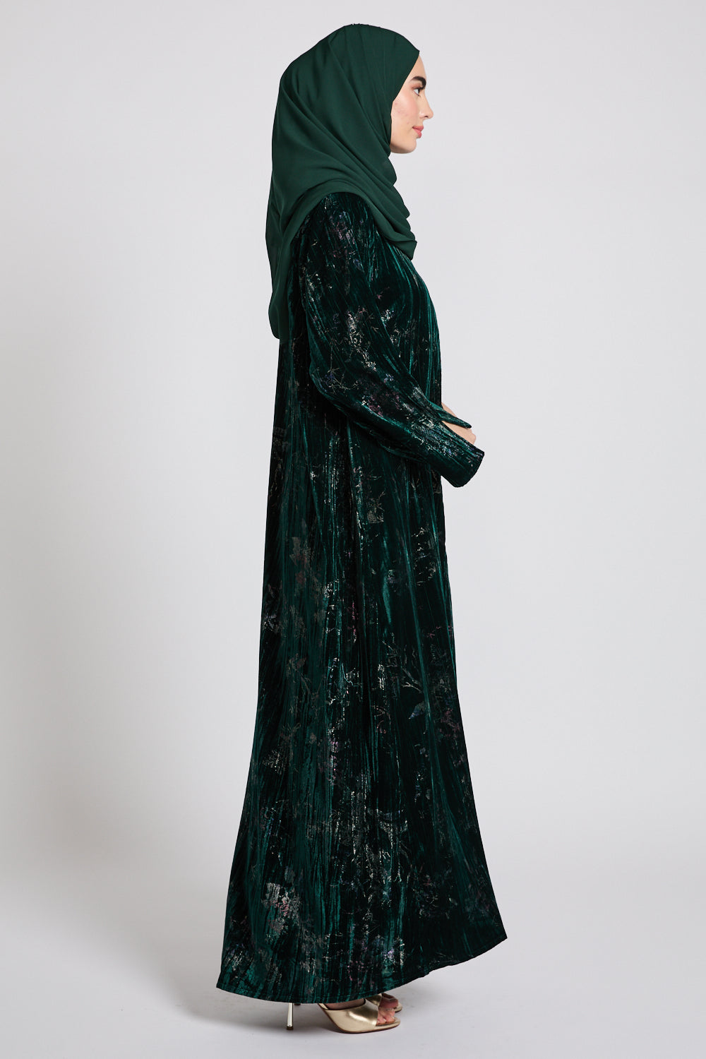 Luxury Velvet Floral Stardust Open Abaya with Pockets - Twilight Emerald