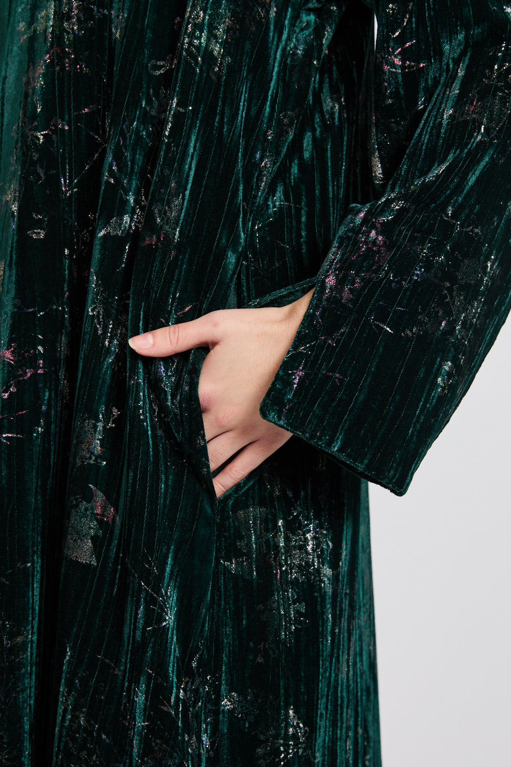 Luxury Velvet Floral Stardust Open Abaya with Pockets - Twilight Emerald