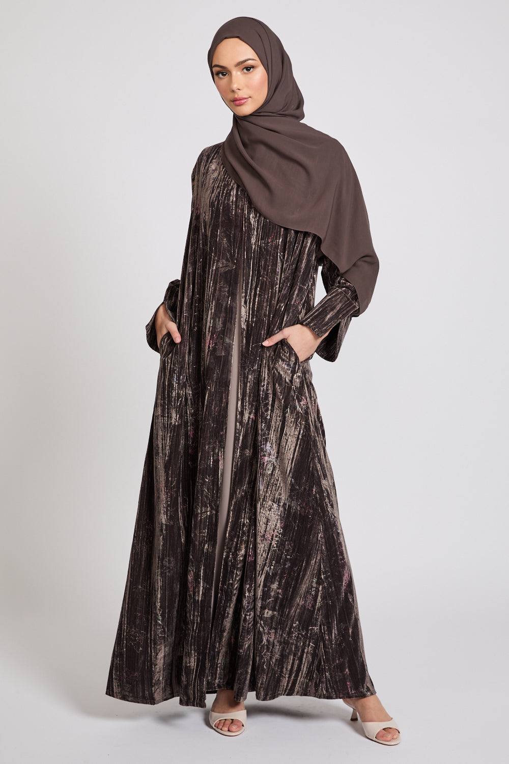 Luxury Velvet Floral Stardust Open Abaya with Pockets - Smoky Topaz
