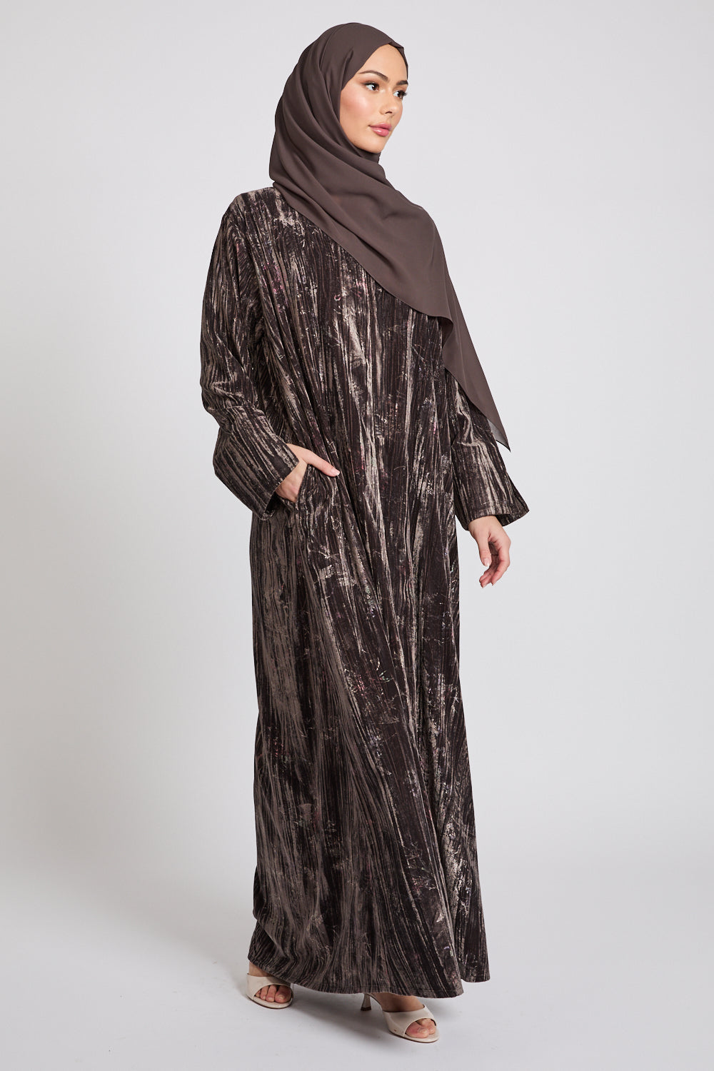 Luxury Velvet Floral Stardust Open Abaya with Pockets - Smoky Topaz