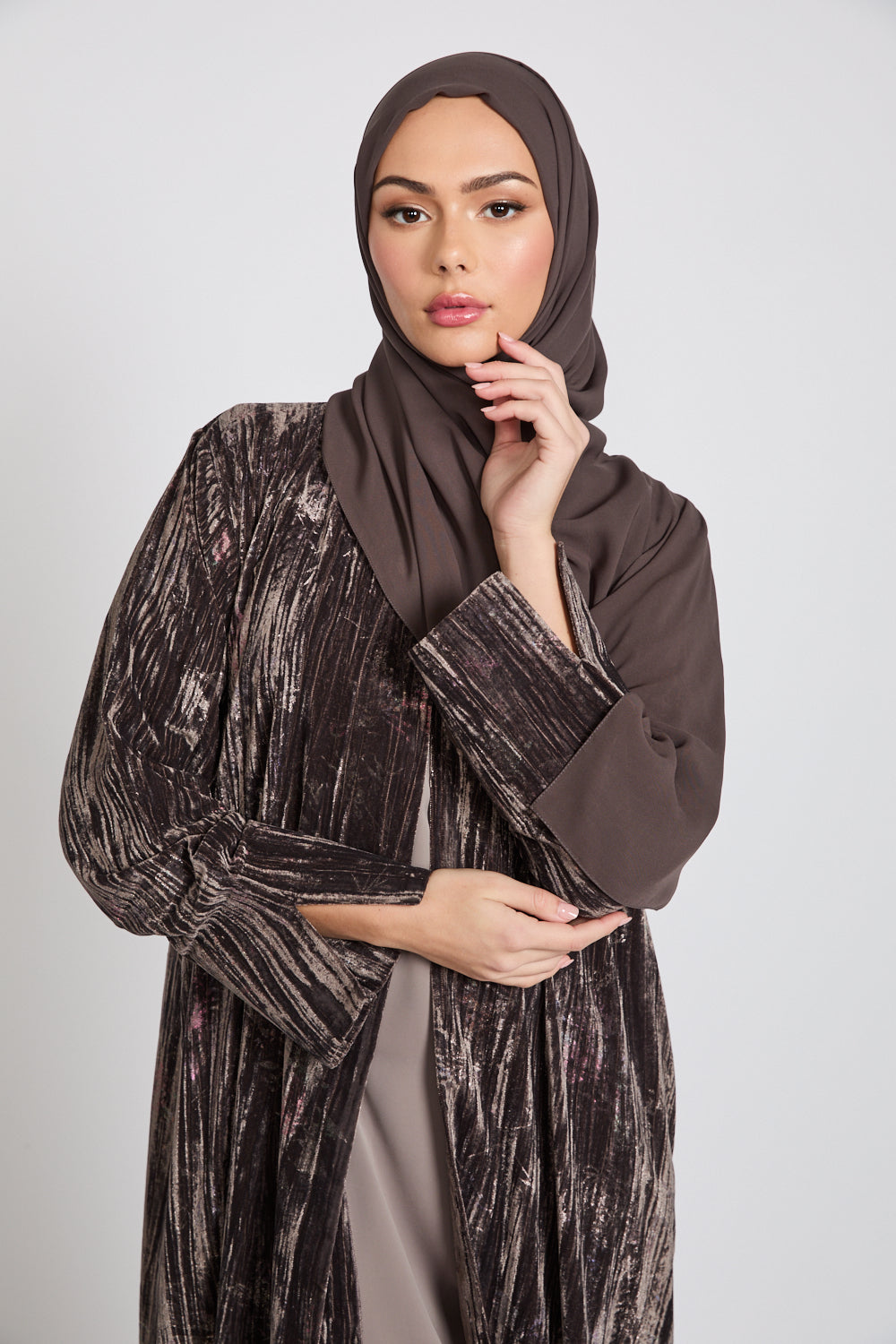 Luxury Velvet Floral Stardust Open Abaya with Pockets - Smoky Topaz