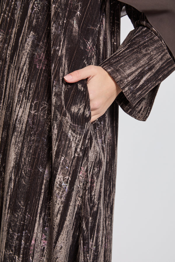 Luxury Velvet Floral Stardust Open Abaya with Pockets - Smoky Topaz