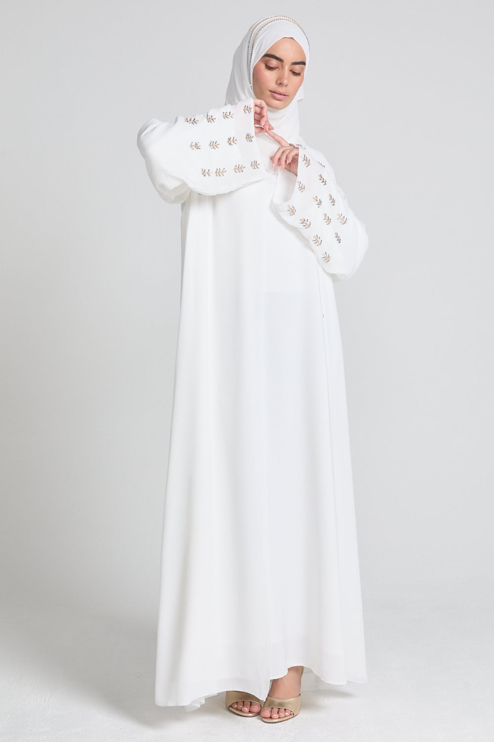 Premium Chiffon Open Abaya with Silver & Gold Embellished Cuffs