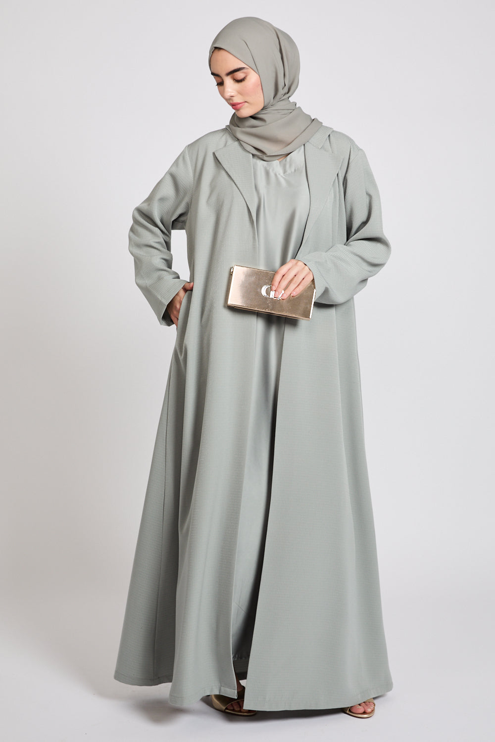 Premium Jacquard Blazer Open Abaya - Smoky Sage