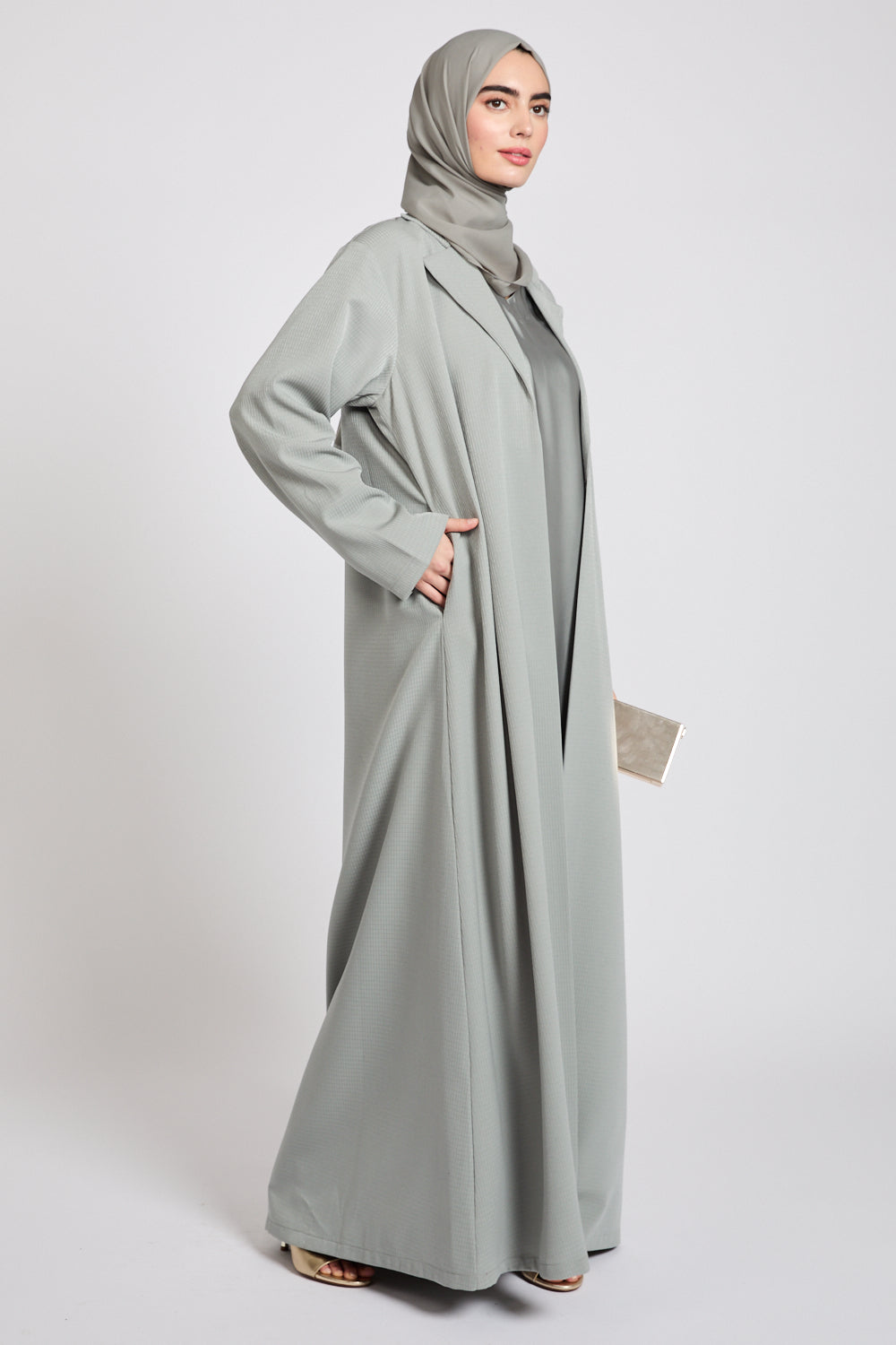Premium Jacquard Blazer Open Abaya - Smoky Sage