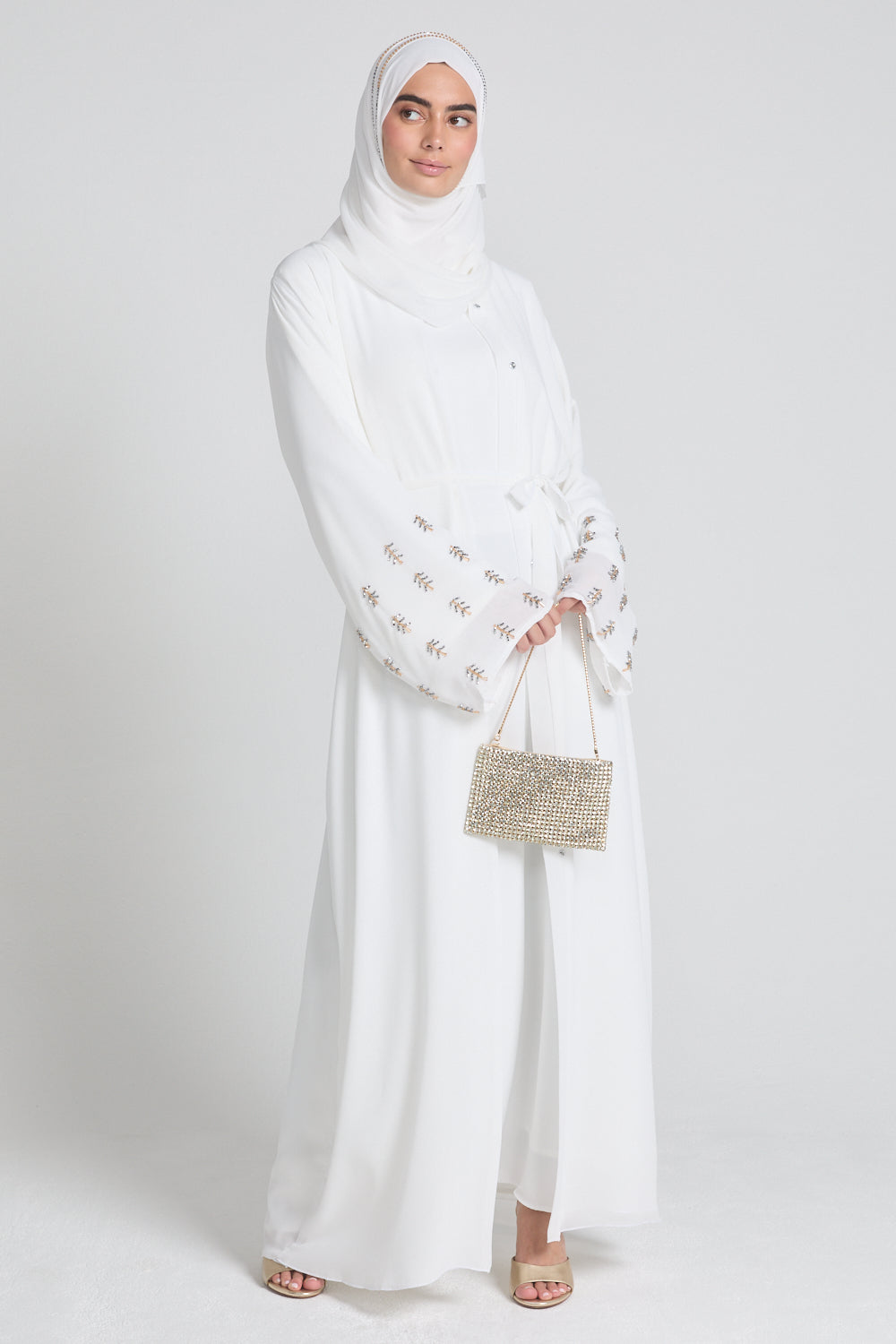 Premium Chiffon Open Abaya with Silver & Gold Embellished Cuffs