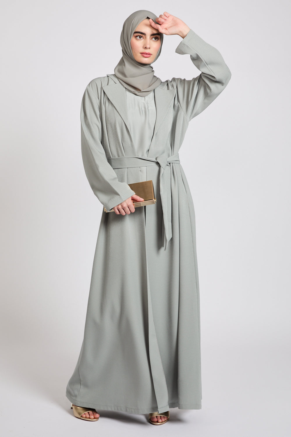 Premium Jacquard Blazer Open Abaya - Smoky Sage