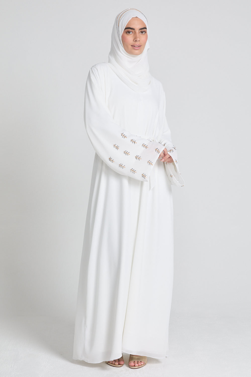 Premium Chiffon Open Abaya with Silver & Gold Embellished Cuffs