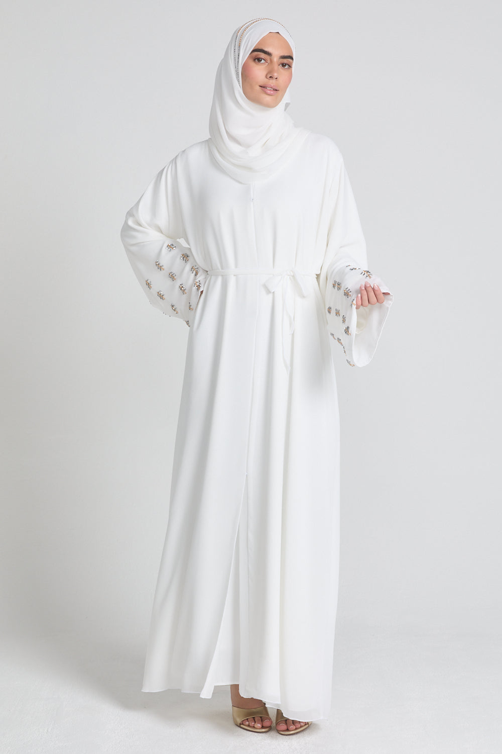 Premium Chiffon Open Abaya with Silver & Gold Embellished Cuffs