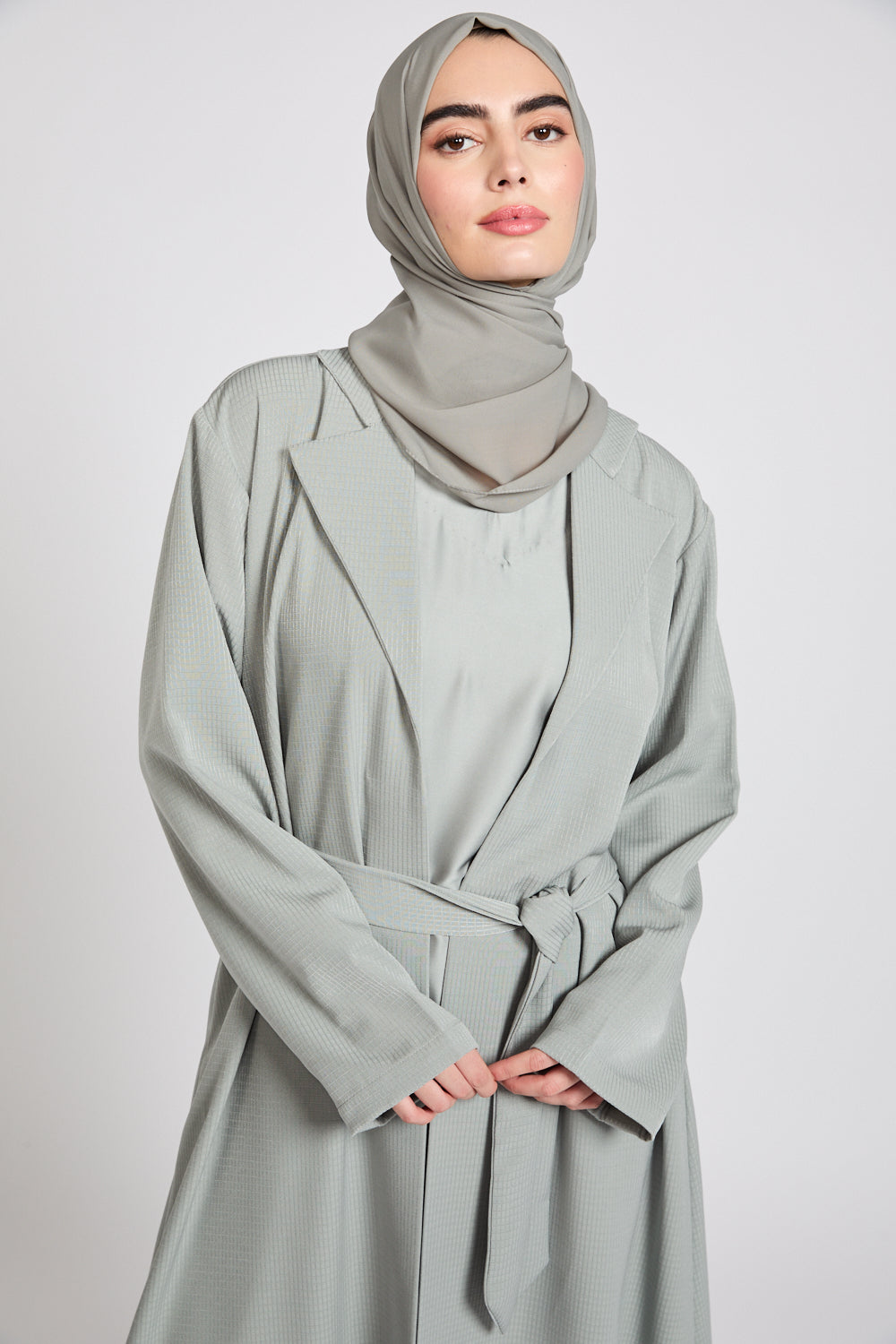 Premium Jacquard Blazer Open Abaya - Smoky Sage
