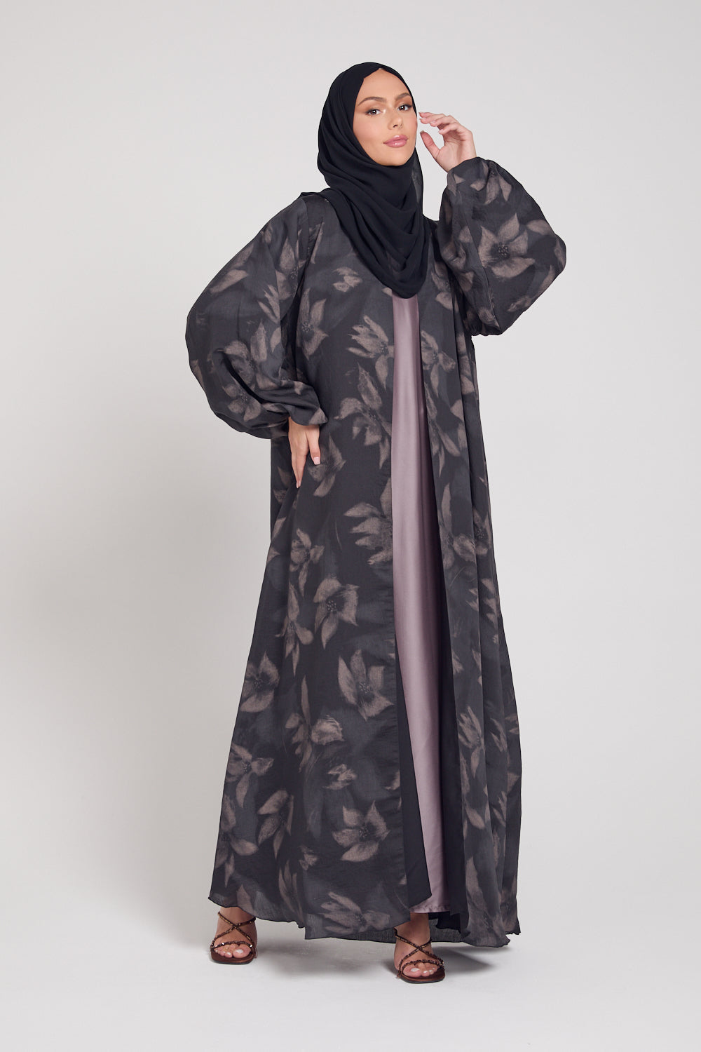 Luxury Floral Mist Print Open Abaya - Dusky Black