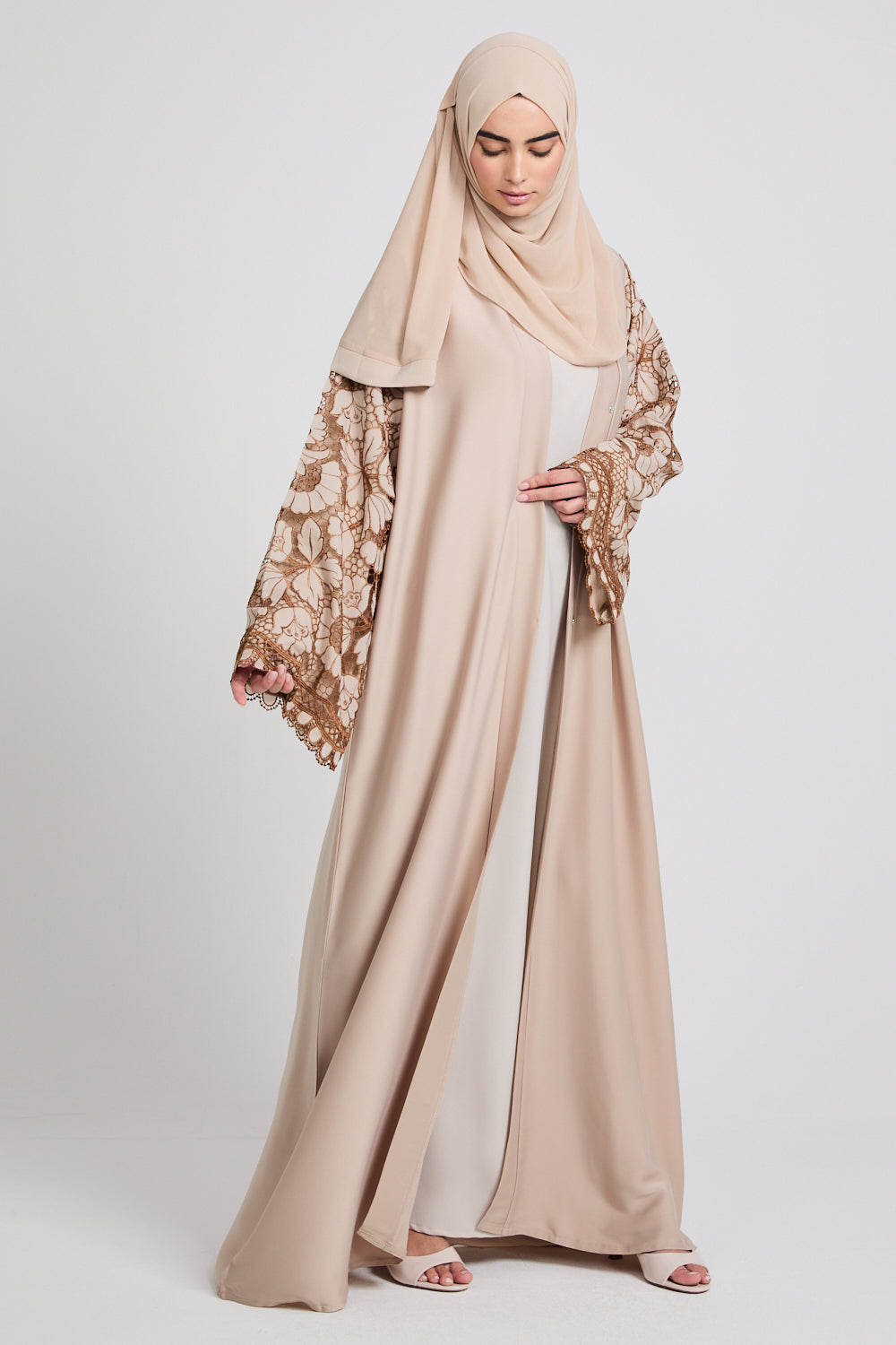 Premium Savannah Blossom Open Abaya - Desert Sand - LIMITED EDITION