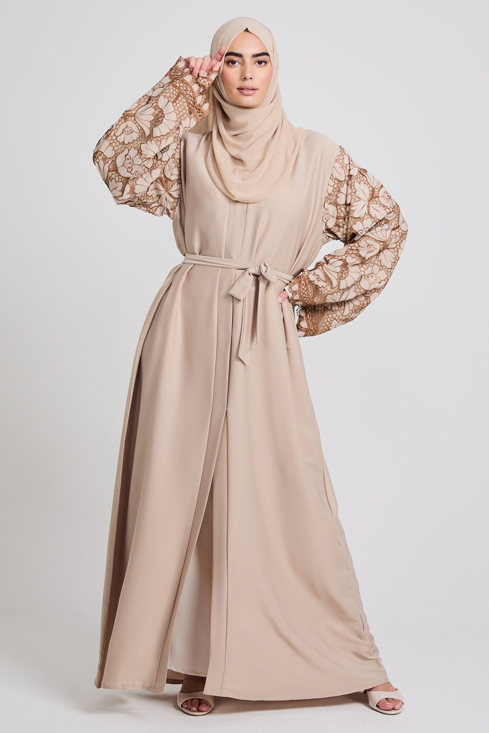 Premium Savannah Blossom Open Abaya - Desert Sand - LIMITED EDITION