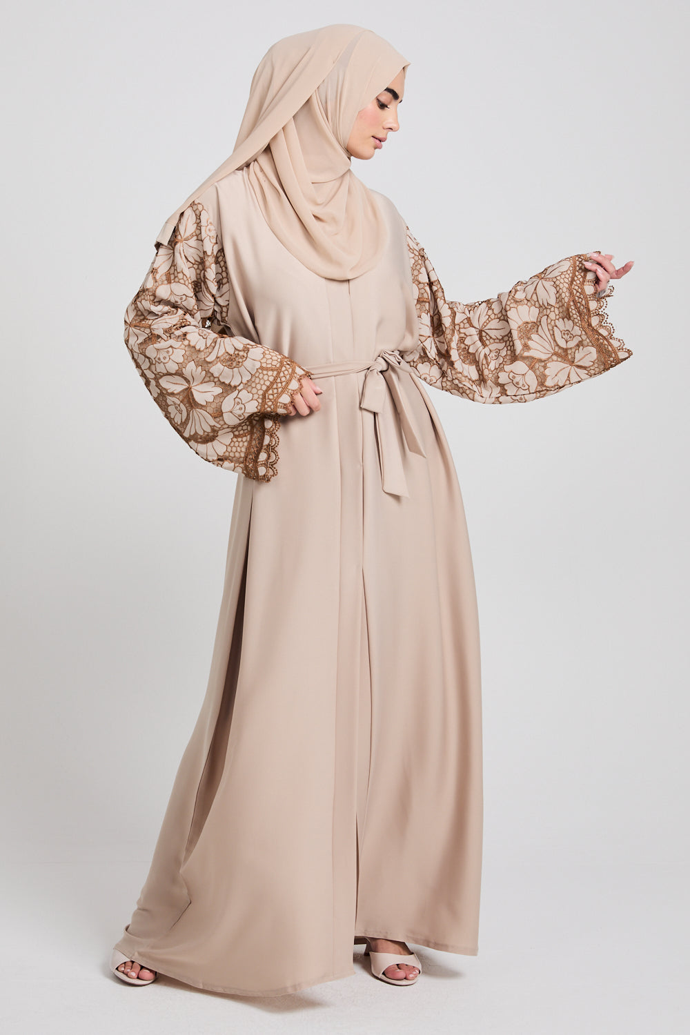 Premium Savannah Blossom Open Abaya - Desert Sand - LIMITED EDITION