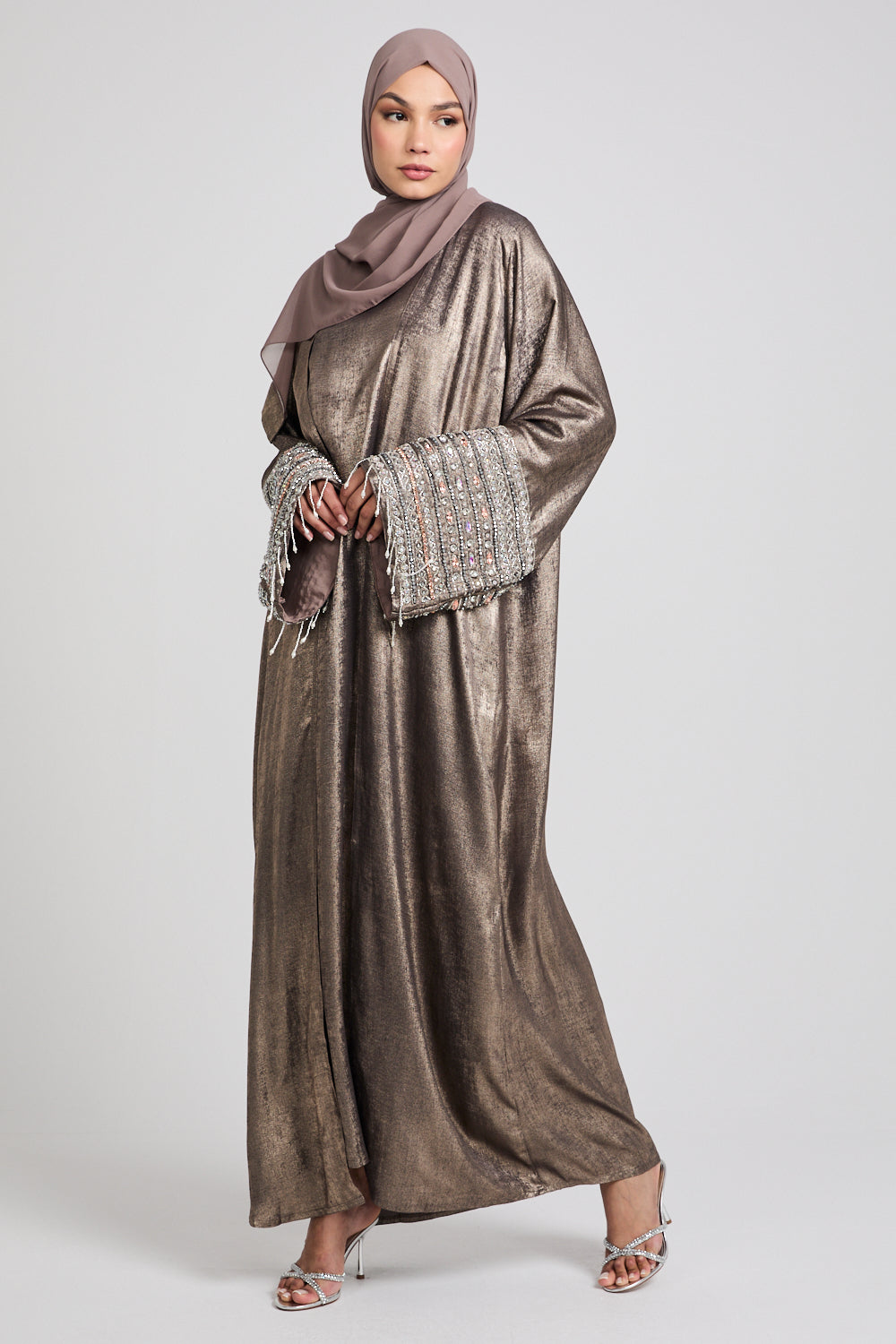 Luxury Four Piece Embellished Tassel Cuff Open Abaya Set - Smoky Bronze