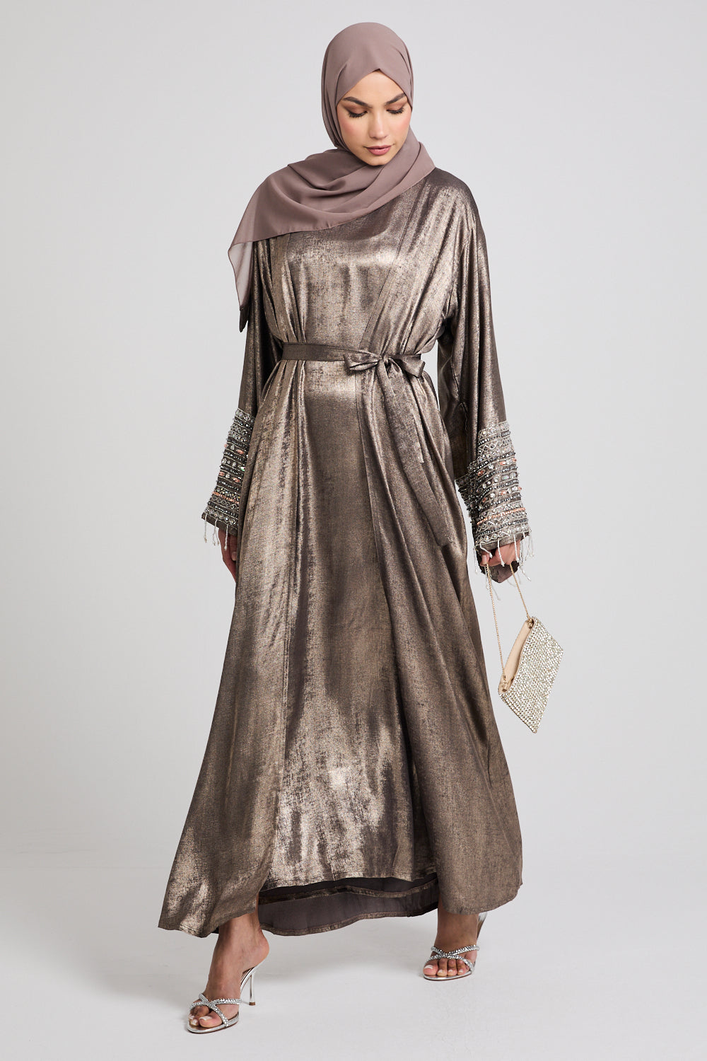 Luxury Four Piece Embellished Tassel Cuff Open Abaya Set - Smoky Bronze