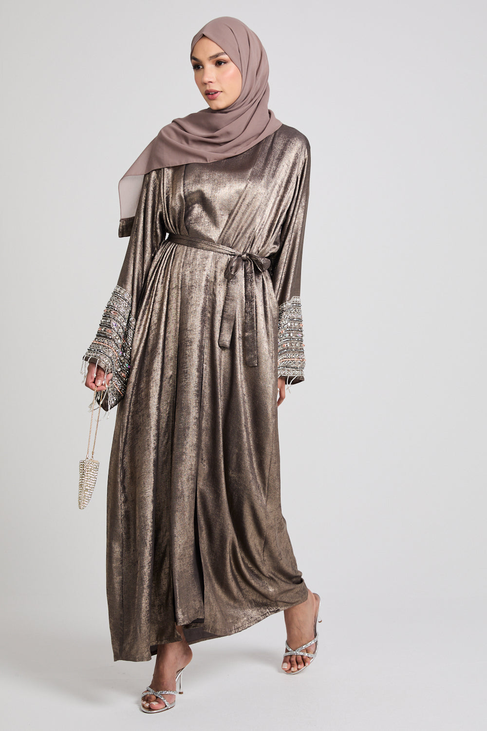 Luxury Four Piece Embellished Tassel Cuff Open Abaya Set - Smoky Bronze