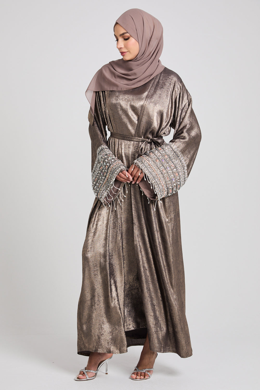 Luxury Four Piece Embellished Tassel Cuff Open Abaya Set - Smoky Bronze