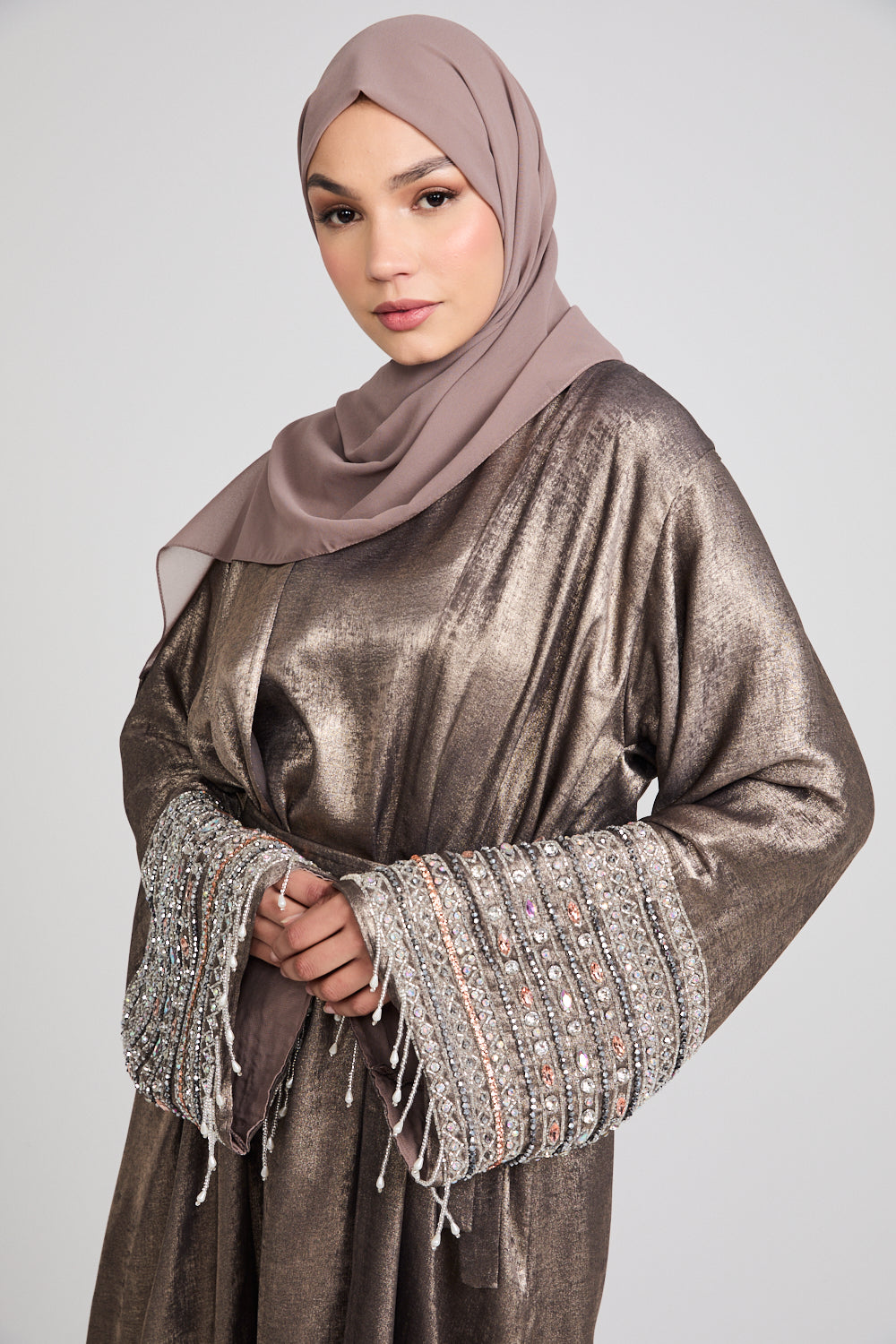 Luxury Four Piece Embellished Tassel Cuff Open Abaya Set - Smoky Bronze