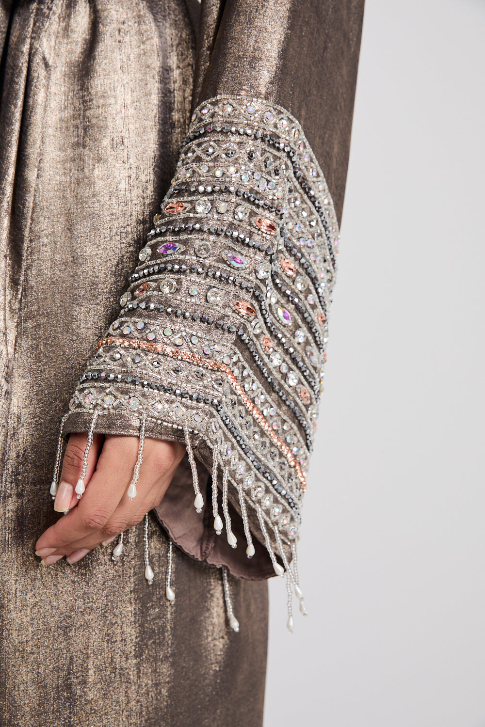 Luxury Four Piece Embellished Tassel Cuff Open Abaya Set - Smoky Bronze